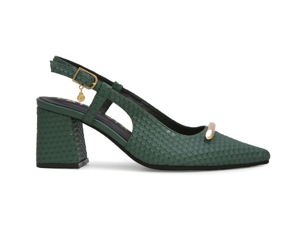 Zapatilla de tacon en cuero verde