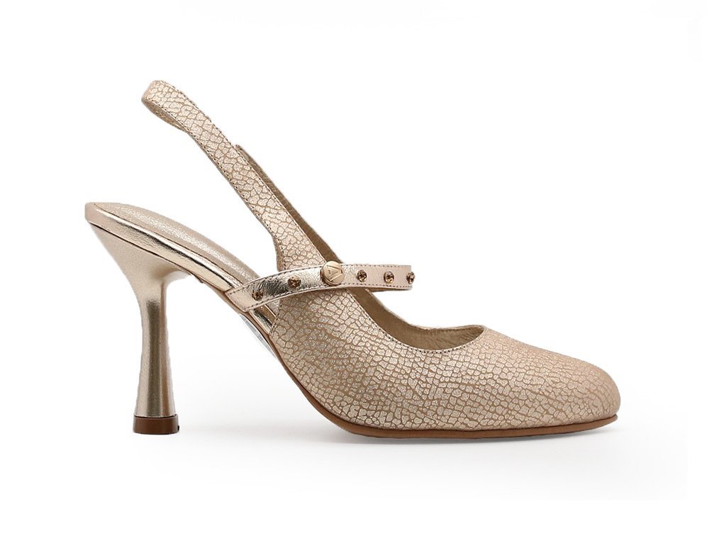 Zapatilla de tacon en cuero oro