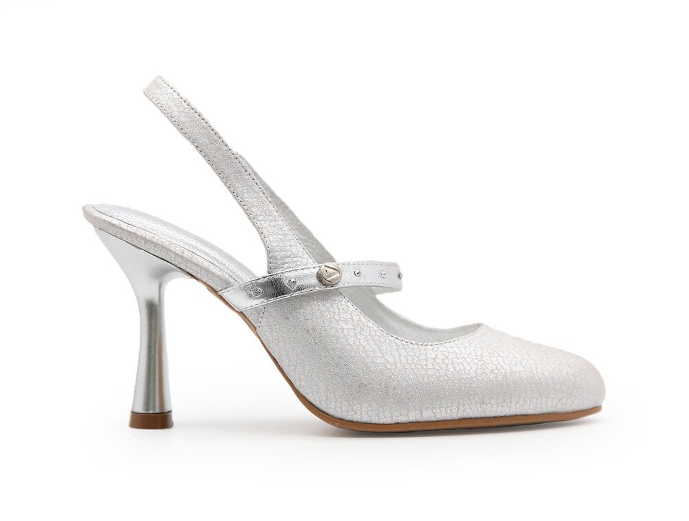 Zapatilla de tacon en cuero plata