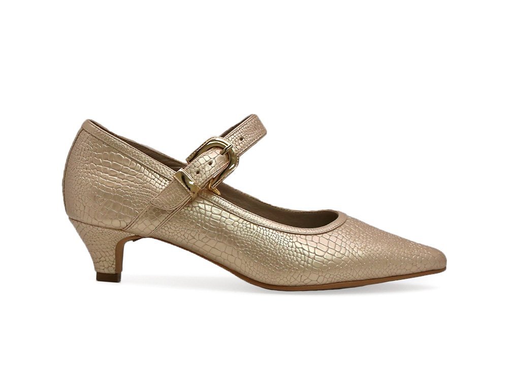 Zapatilla de tacon en cuero dorado