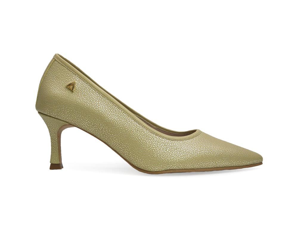 Zapatilla de tacon en cuero verde