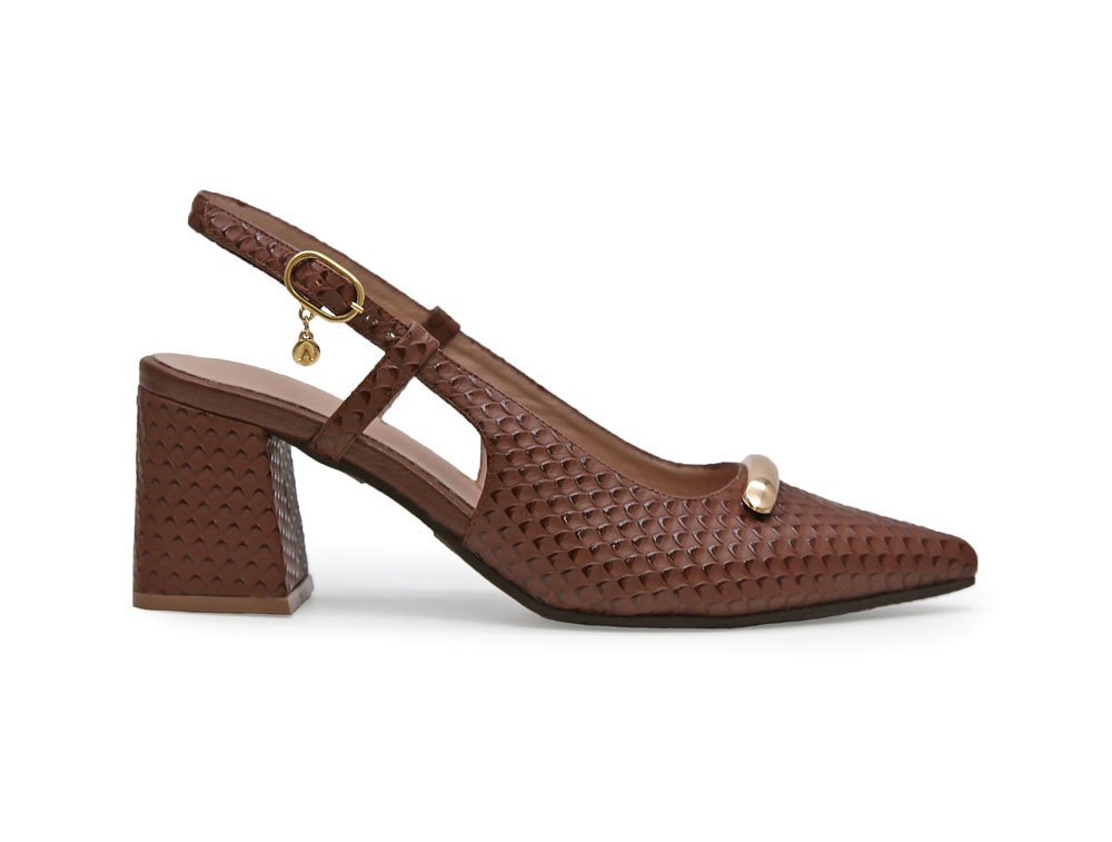 Zapatilla de tacon en cuero coñac