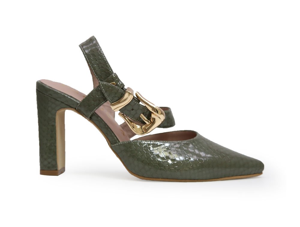 Zapatilla de tacon en cuero verde