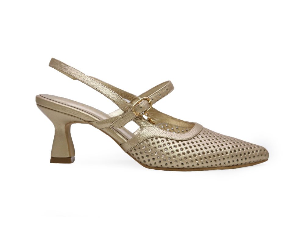 Zapatilla de tacon en cuero oro