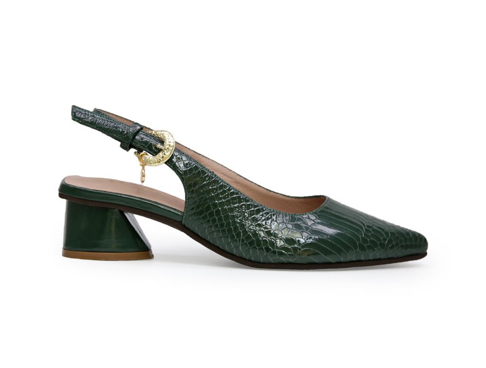 Zapatilla de tacon en cuero verde