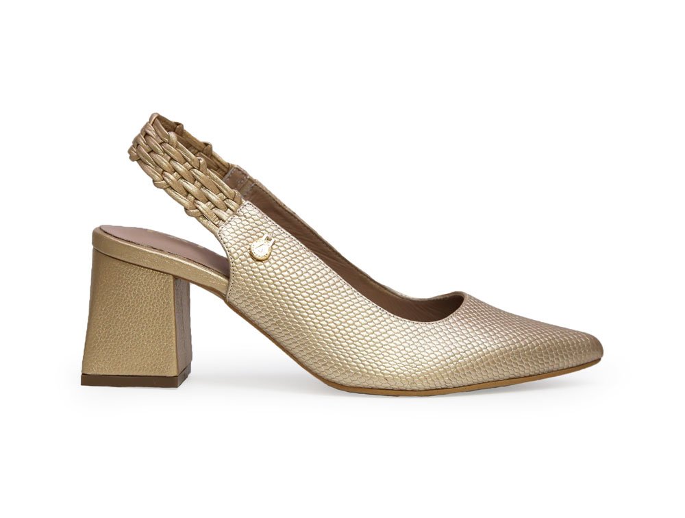 Zapatilla de tacon en cuero oro